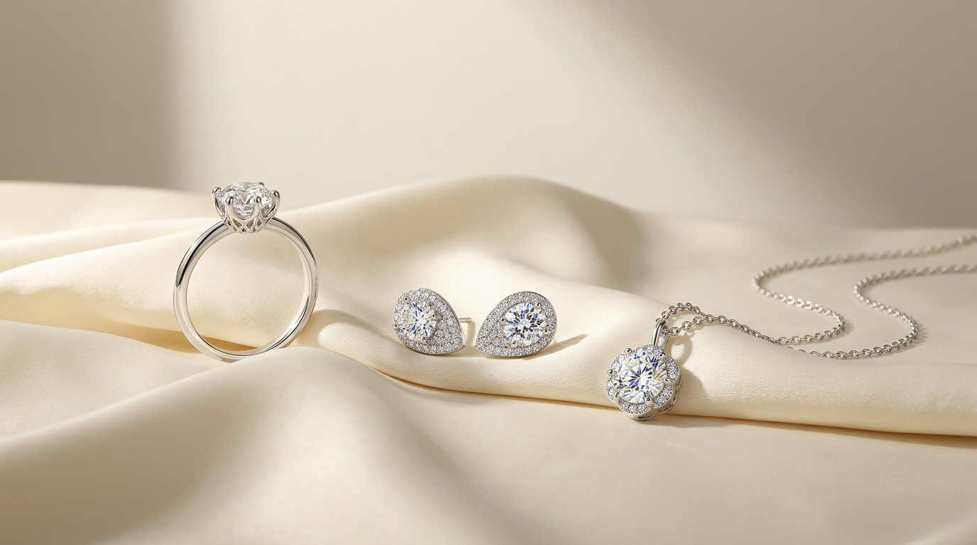 Sterling silver moissanite solitaire ring, pear halo studs, and halo pendant necklace arranged on flowing cream silk